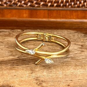 R&J Gold Tone CZ Bypass Cuff Bracelet Hinged Modern Wrap